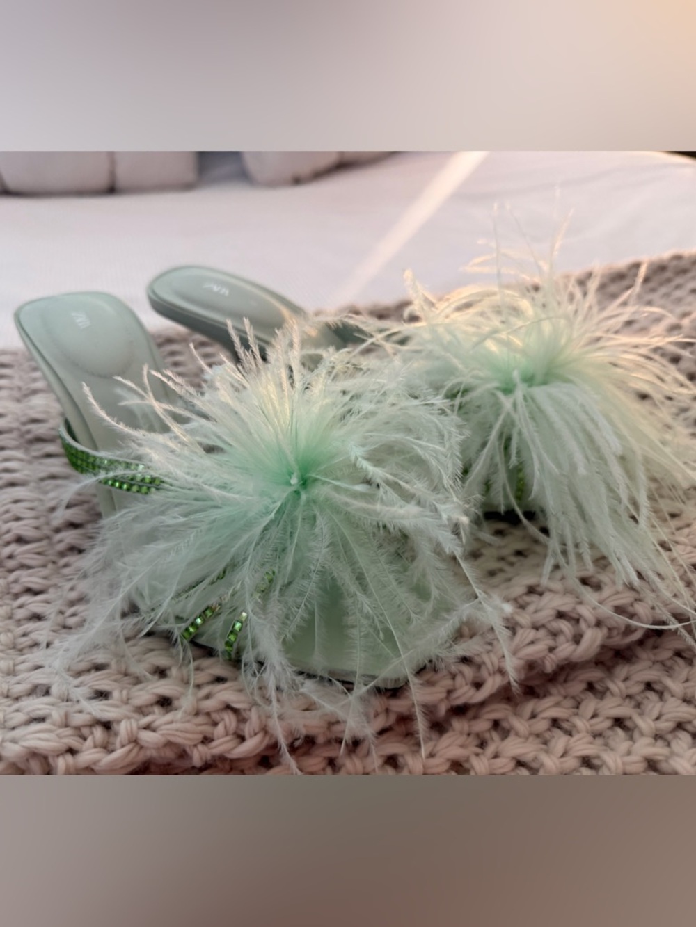 Zara Mint Green Feather Slide Sandals